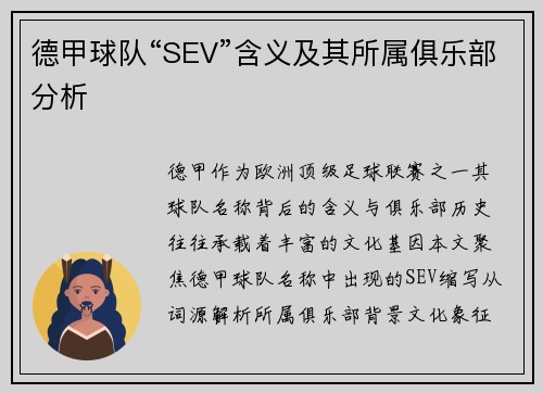 德甲球队“SEV”含义及其所属俱乐部分析