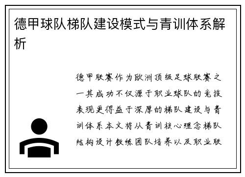德甲球队梯队建设模式与青训体系解析